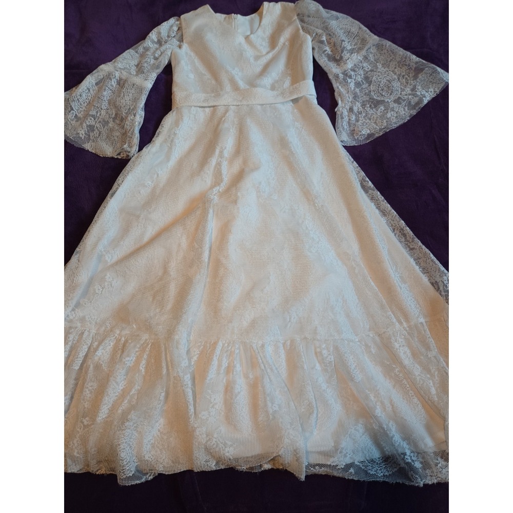 Girls Dress Sz 12 / 14  White Lace Double Lining Bell Sleeves  First Communion